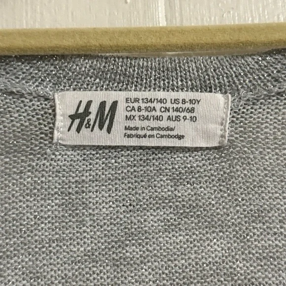 H&M Cardigan Youth Girls medium 8-10Y Grey Glitter Open Front Layering Pockets - Picture 2 of 7